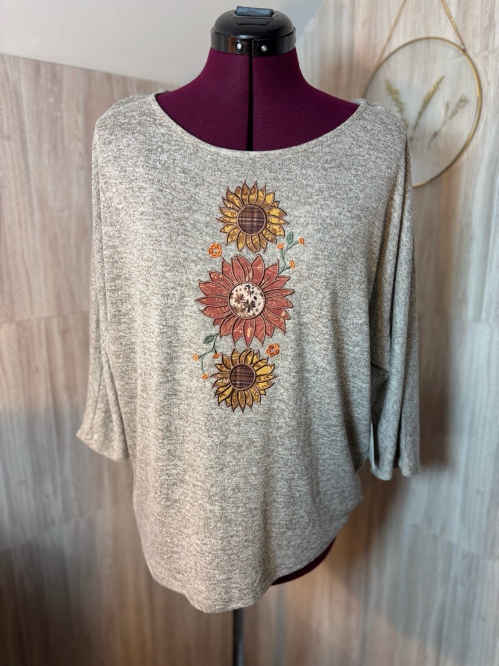 Gray Women's Pullover Top with Sunflower Embroidery